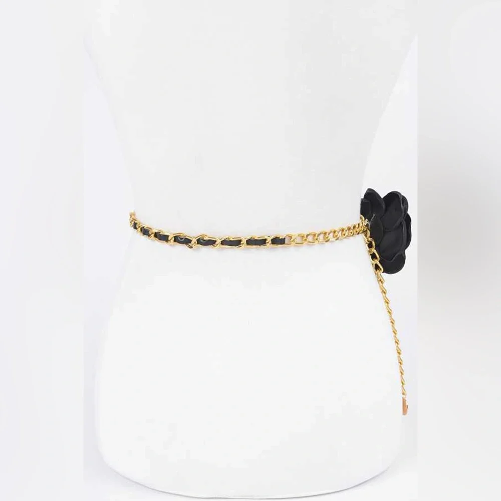 Satin 3-D Flower & Gold Iron Chain Statement Belt - Picture 6 of 7